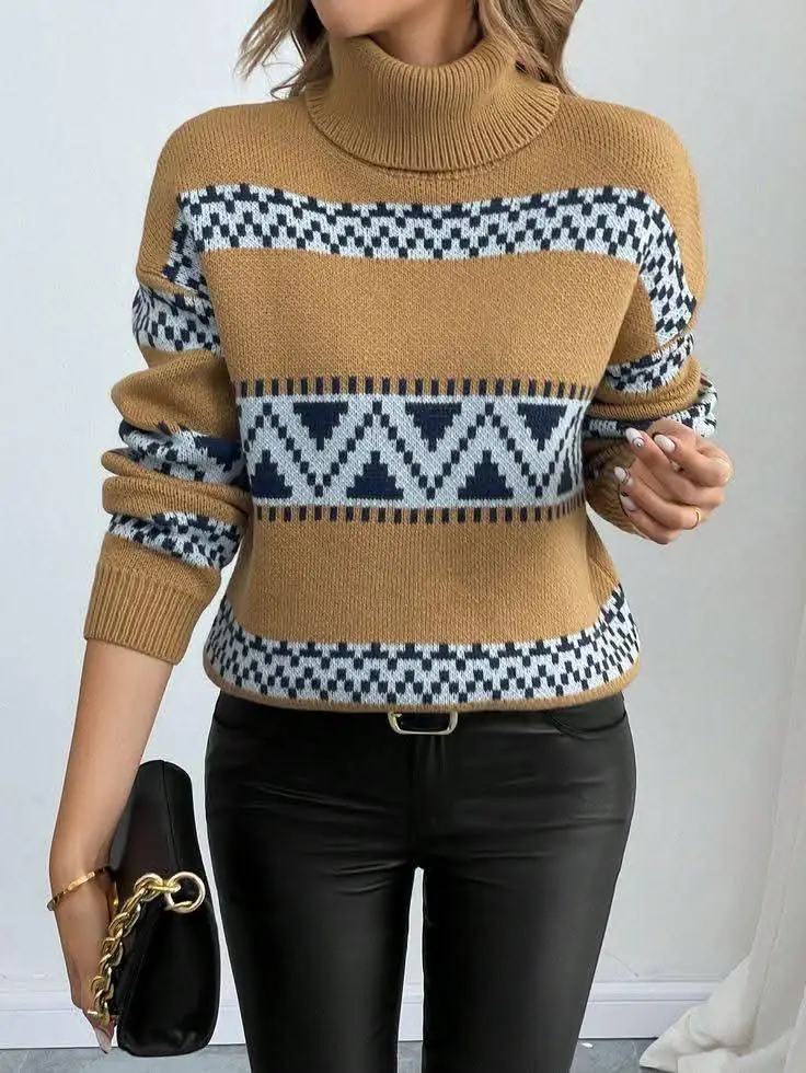 Camel jacquard pattern turtleneck sweater — Bangladesh womenswear knitwear sample