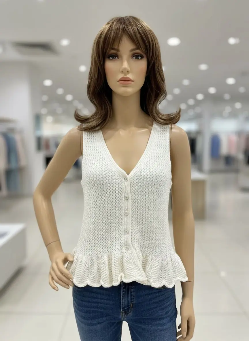 White textured knit peplum top — Bangladesh womenswear knitwear sourcing sample